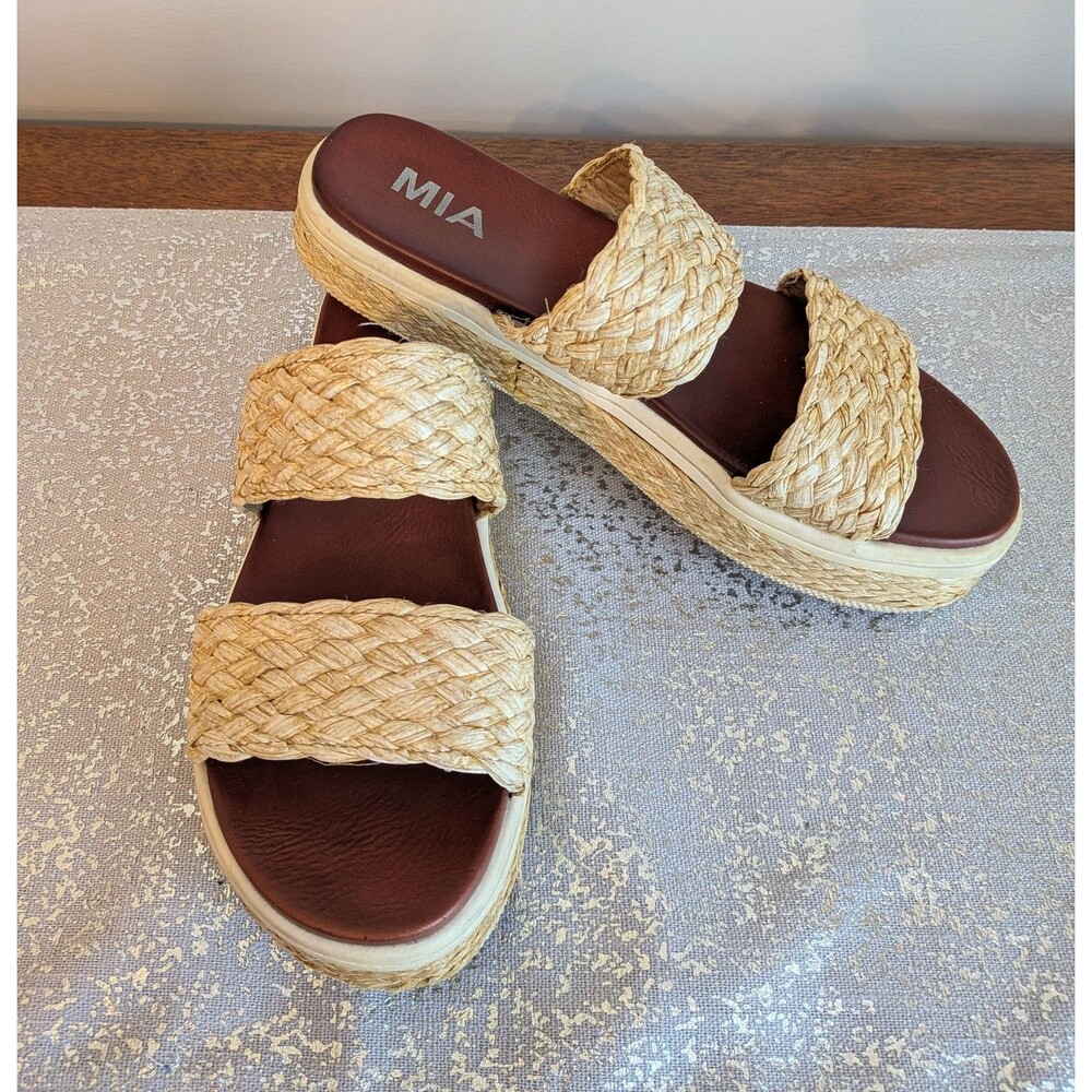MIA Cami Natural Raffia Double Band Sandals Womens 7.5 Coastal Vacation Resort